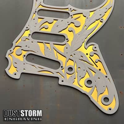 Engraved Layered Pickguard & Free Tremolo Cover in Gold Mirror Glossy White Acrylic Design #3 for Fender Stratocaster HSH, HSS, SSS Setups image 4