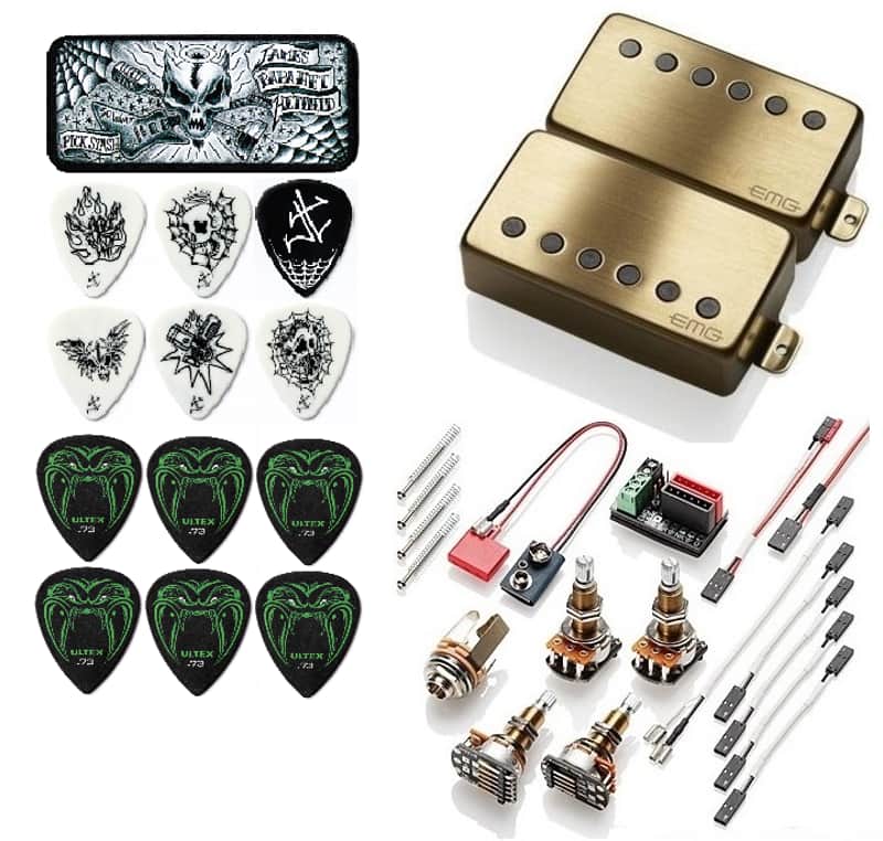 EMG JH SET JAMES HETFIELD BRUSHED GOLD STANDARD SPACED 18.7mm LONG POTS & WIRING ( 30 PICKS & TIN ) image 1