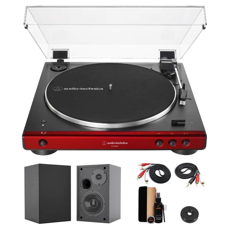 Audio-Technica AT-LP60XBT Fully Automatic Bluetooth Belt-Drive Stereo Turntable (Red & Black) with 45 rpm Adapter, 4 Inch Bookshelf Speakers (Pair) and Waith Record Cleaning Kit (Essential Bundle Set) image 1