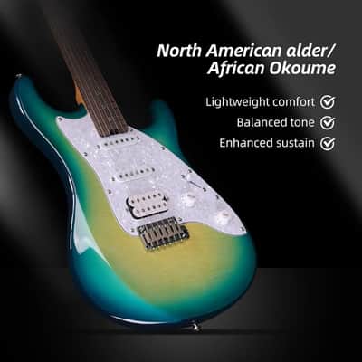 WINZZ Gravity PRO Series -WGS150 Solid Alder Body ST electric guitar With Roasted Maple Neck, HSS Pickups, Rosewood Fingerboard, D'Addario EXL120 Strings, Mini Double Locking Tremolo - Blue image 2