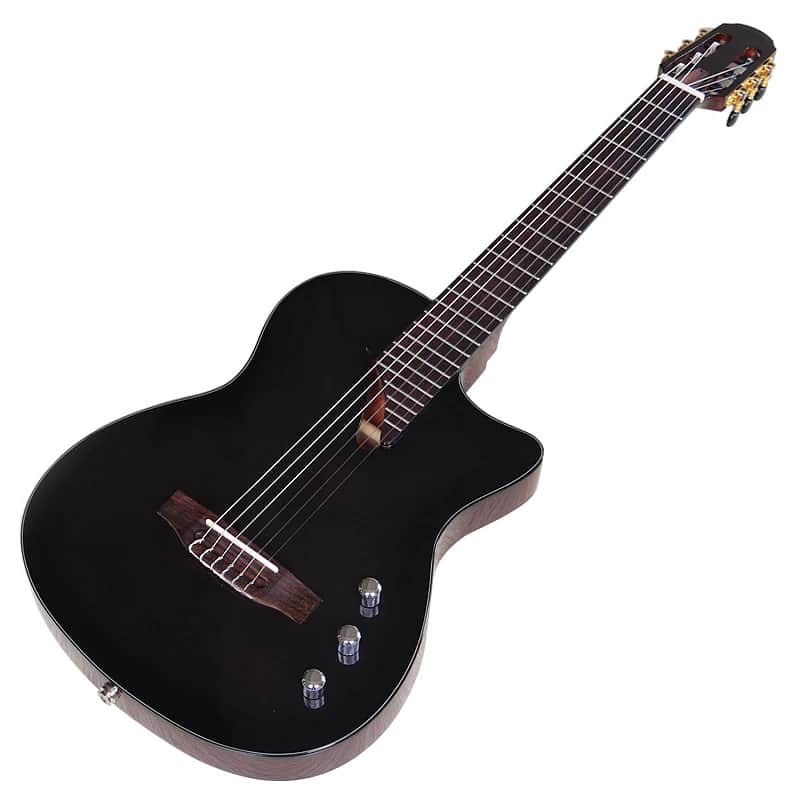 Black Silent Electric Classical Guitar Hollow Body 39 Inch 6 String Flame Veneer Top High Glossy Nylon Strings image 1