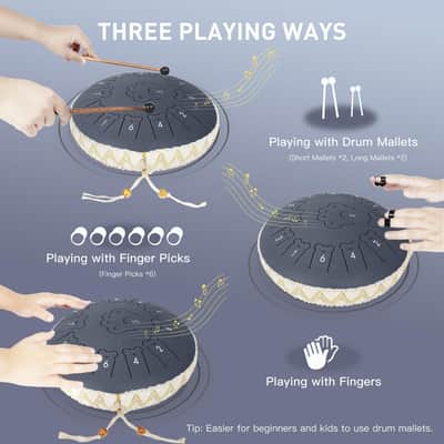 Bear Steel Tongue Drum 13 Inch 13 Note, Steel Drum with Mallets 2 Pairs, Carry Bag and Music Book, Percussion Instruments for Adults and Kids, Handpan Drum C Major (Navy Blue) image 2
