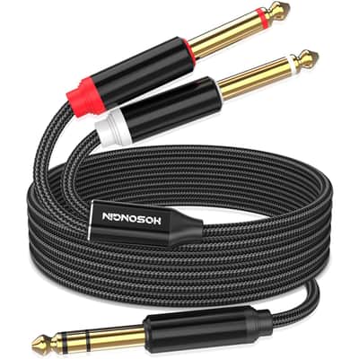 1/4 Inch Trs Stereo To Dual 1/4 Inch Ts Mono Y-Splitter Insert Cable, Nylon Braided Jacket Gold-Plated Plug Double Shielding Cable, 3.3 Feet image 1