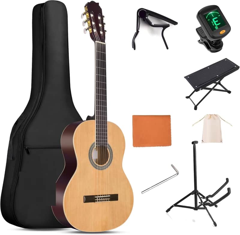 Full Size Classical Nylon Strings Acoustic Guitar 29 x 75x 50mm Classic Guitarra Starter Bundle for Adult with Free Lessons, Gig Bag, Tuner, Footstool, Kids Student Beginner Kits, Nature image 1