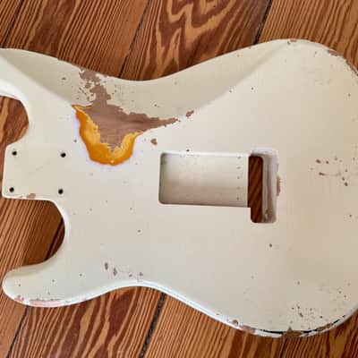 MJT Stratocaster Body, Aged, Reliced, Olympic White Over Three Tone Sunburst image 14