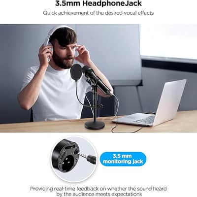XLR/USB Dynamic Recording Microphone for Singing, Metal Studio Music Recording Microphone with Mic Gain, Desktop Stand, Pop Filter, Headphone Jack, for PC, Audio Interface, Mixer, for YouTube Video image 5