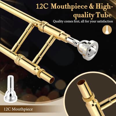 B Flat Tenor Trombone with Mouthpiece, Brass Slide Bb Trombones for Beginners, Portable Instrument Includes Cleaning Cloth, Gloves and Trombone Case (Golden) image 3