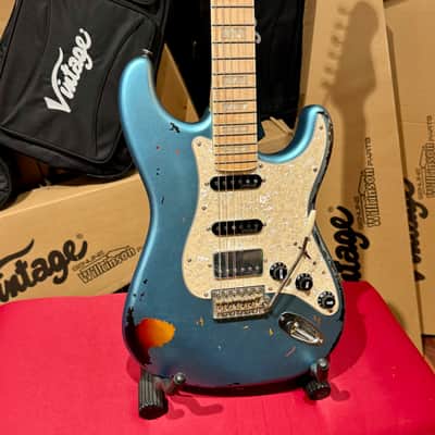Vintage Guitars 30th Anniversary V6 Strat Overspray Relic  Super Flame Neck Lake Placid Gun Hill Blue image 3