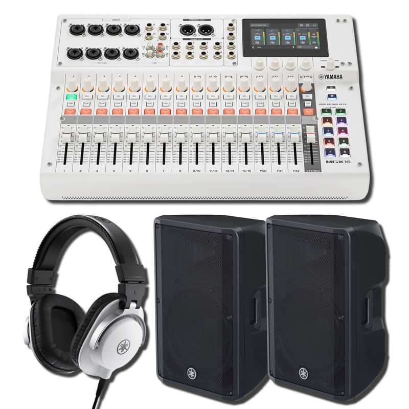 Yamaha MGX16 W 22-Channel Digital Mixing Console White PA Bundle with Two DBR15 15-Inch 1,000W Powered Speakers and HPH-MT5W White Closed-Back Monitor Headphones image 1