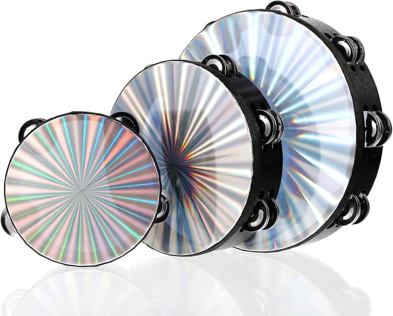 3 Pack Radiant Tambourine with Double Row Jingles, 6/8/10 Inch Hand Held Drum, Reflective Tambourines for Adults, Musical Instrumen for Church, Dance, Party, KTV image 1