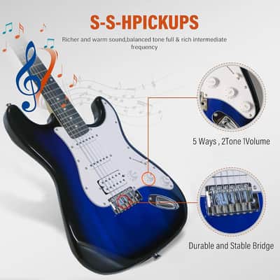 Soild Body Electric Guitar Kit with Amp 20W, Strings, Strap, Tuner, Picks, Gig Bag, Cable, Tremolo Bar, 39" Full Size Guitar HSS Pickups Guitarra Electrica Beginner Gift - Blue image 3