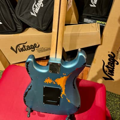 Vintage Guitars 30th Anniversary V6 Strat Overspray Relic  Super Flame Neck Lake Placid Gun Hill Blue image 17