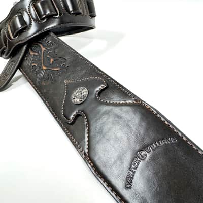 Walker & Williams LIP-07 Dark Bourbon Brown Carved Leather Spade Cut Strap with Tooled Cross and Thorns image 7
