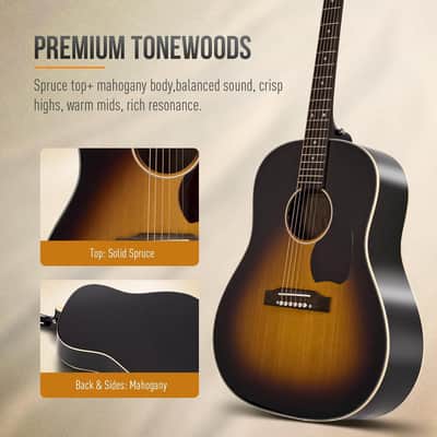 Acoustic Guitar, A-grade Solid Spruce Top, Sunburst Mahogany Body for Beginners Adults Students and Live Performances, Warm Tone and Stable Intonation image 5
