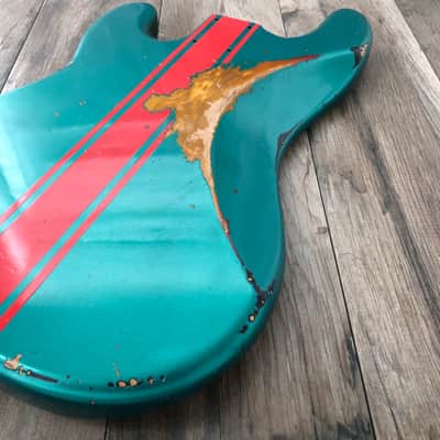 FRANCHIN Jupiter bass body Relic Aged Sherwood Green Metallic over 3-Color Sunburst with Ferrari Red racing Stripe 100% Nitro Lacquer Cracks Alder Precision-Style Made in Italy - Stock piece #23200726 image 13