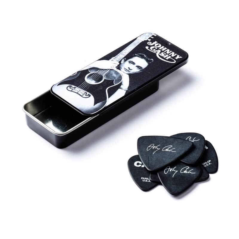 Dunlop Johnny Cash Memphis Pick Tin, 6 Medium Gauge Picks Black