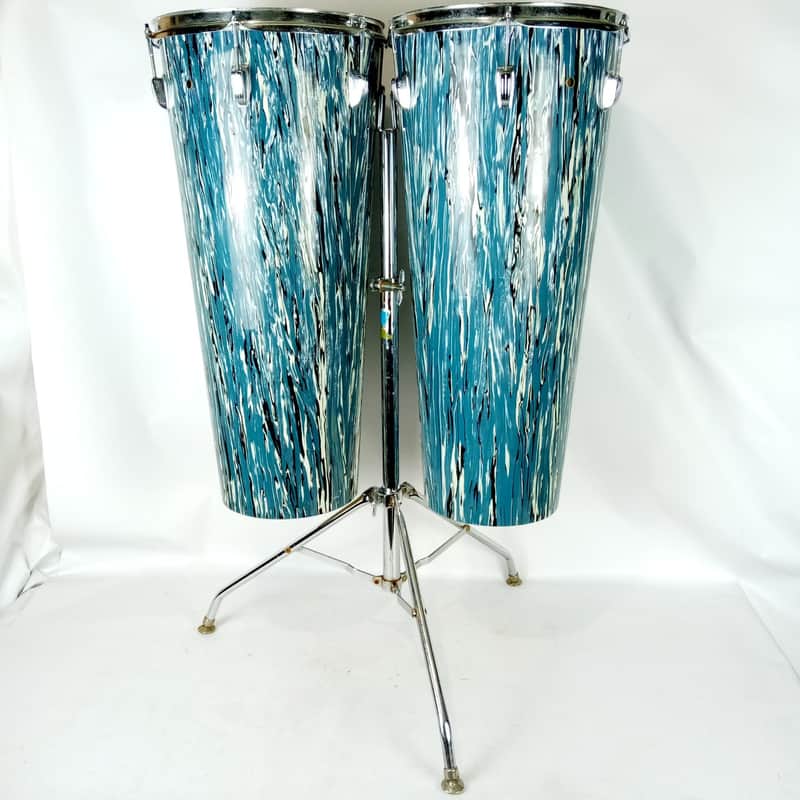 Ludwig Blue Oyster Bowling Ball Conga Drums 12x27" x2 +Hercules Stand Vintage70s image 1