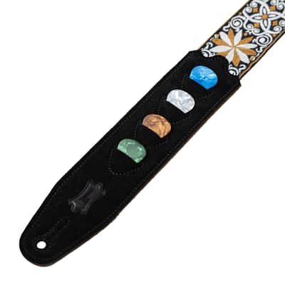 Levy's Vintage Hootenanny Series 2" 60s Style Jacquard Weave Guitar Strap with (4) Guitar Pick Holder Genuine Leather End, Brown and White image 10