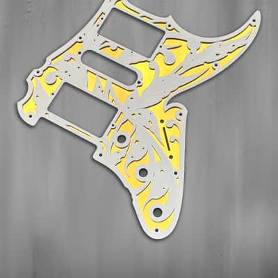 White Fender Strat Guitar Body Custom Laser Engraved White and Gold Mirror Pickguard, White Tremolo Cover HSH, HSS, SSS Setup Available image 5