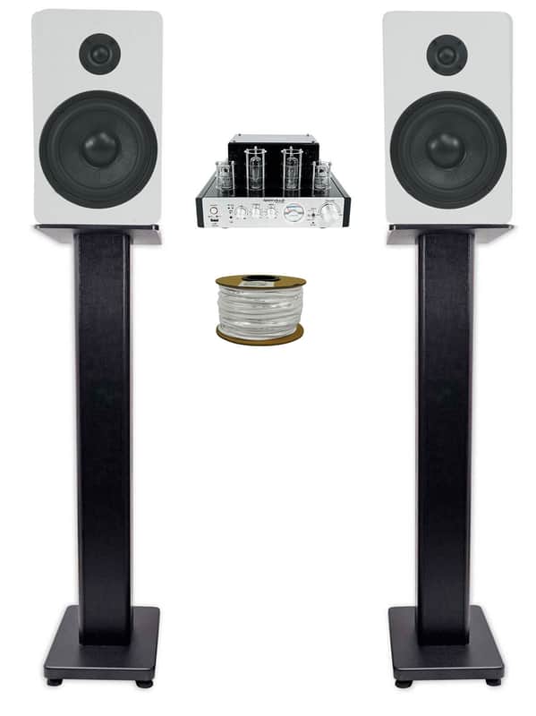 Rockville BluTube Tube Amplifier+(2) 5.25" White Bookshelf Speakers+36" Stands + Rockville BLUE 14G50 OFC 14 Gauge 50 Foot 100% Copper Speaker Wire image 1