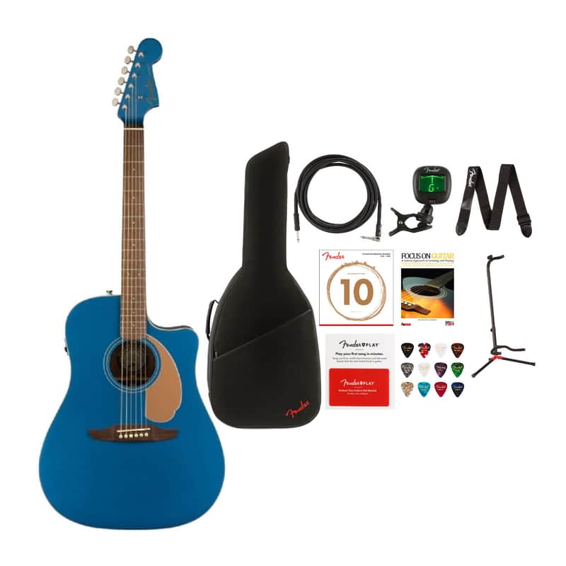 Fender Redondo Player 6-String Acoustic Guitar (Right-Hand, Belmont Blue) with FB405 Dreadnought Gig Bag, Instrument Cable, Adjustable Guitar Stand, FT-1 Pro Clip-On Tuner Bundle image 1