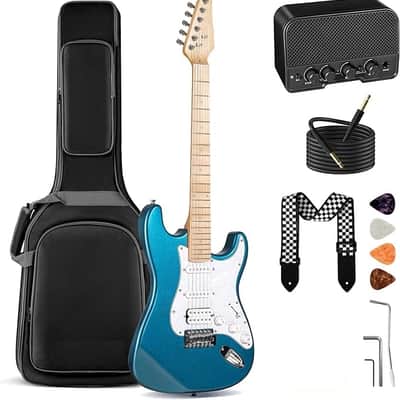 Electric Guitar Set Beginner - 39in Starter Guitar Kit with HSS Pickup Solid Okoume Body Electric Guitar Adults with Amplifier Gig Bag Strap Picks Strings Cable Blue image 1