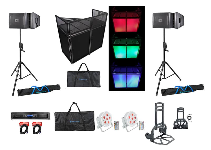 JBL DJ Package w/ VRX932LA-1 Speakers+Stands+Amplifier+Facade+Lights+Hand Truck image 1