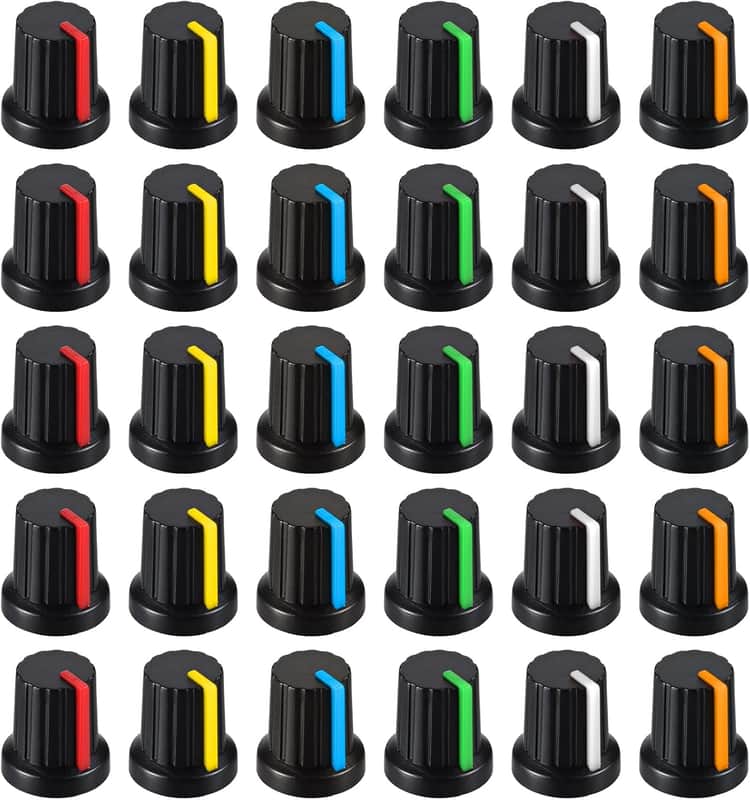 30 Pcs 6mm Knurled Shaft Potentiometer Knob, 6 Colors Potentiometer Control Knobs, Plastic Guitar Volume Tone Rotary Knob for Electric Guitar Volume Tone Knobs, Amplifier amp Volume Control image 1