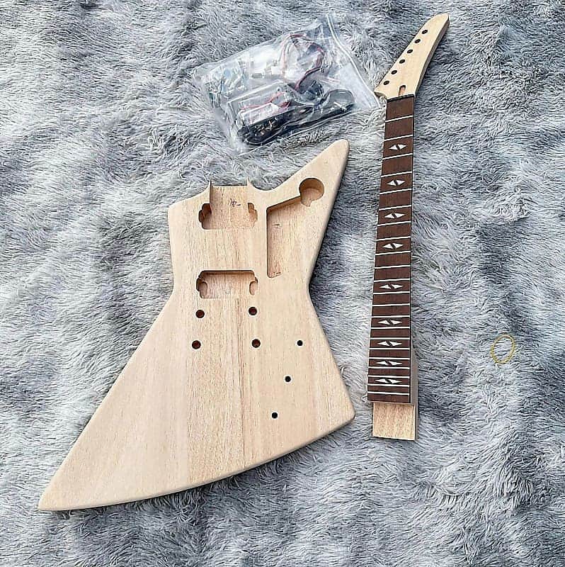 Unfinished DIY Project Explorer V Style Guitar, Mahogany Body and Neck, Rosewood Fingerboard image 1