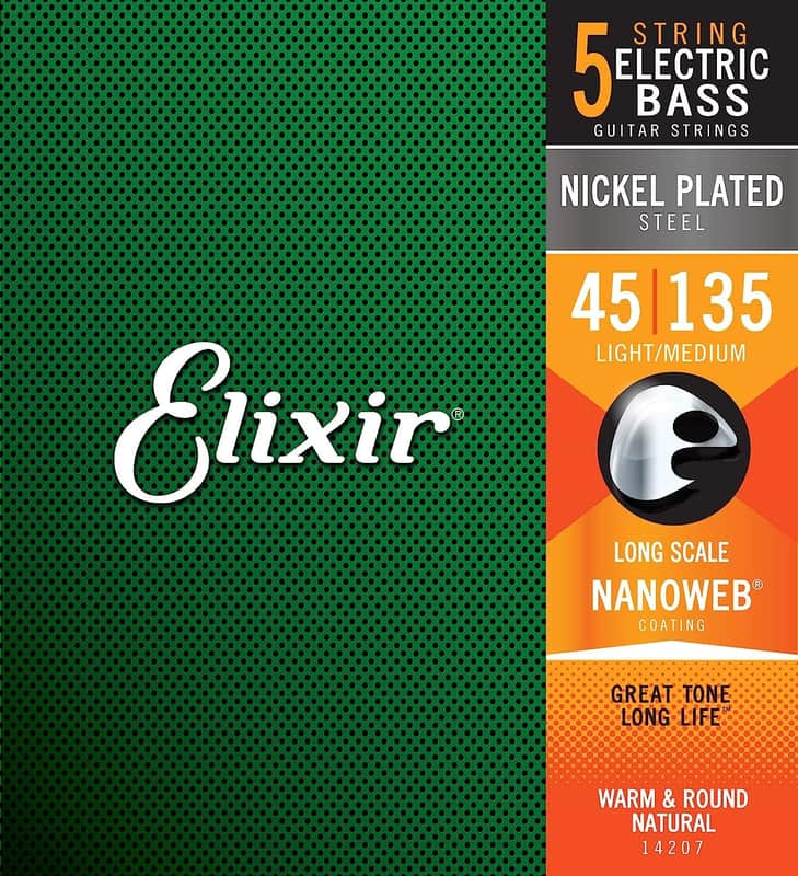 Elixir Strings Nickel Plated Steel 5-String Bass Strings w NANOWEB Coating, Long Scale, Light/Medium (.045-.135) image 1