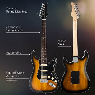 Beginner HSS Electric Guitar Kit w/Headphone Amp, Padded Gig-Bag, Headphones, Guitar Strap - Sunburst/Black image 3