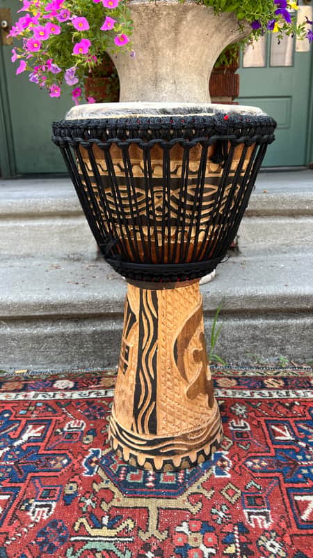 Vintage African Hand Carved Wood Djembe Hand Drum 22” image 1