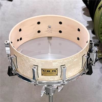 PORK PIE USED 8-ply Maple Snare Drum 14x5 - Vintage White Marine Pearl Wrap image 4
