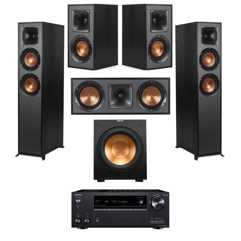 Klipsch Reference 5.1 Home Theater System with 2x R-625FA Floorstanding Speaker, R-12SW Subwoofer, R-52C Center Channel, R-41M Bookshelf Speaker and TX-NR696 7.2-Channel Receiver, Black image 1