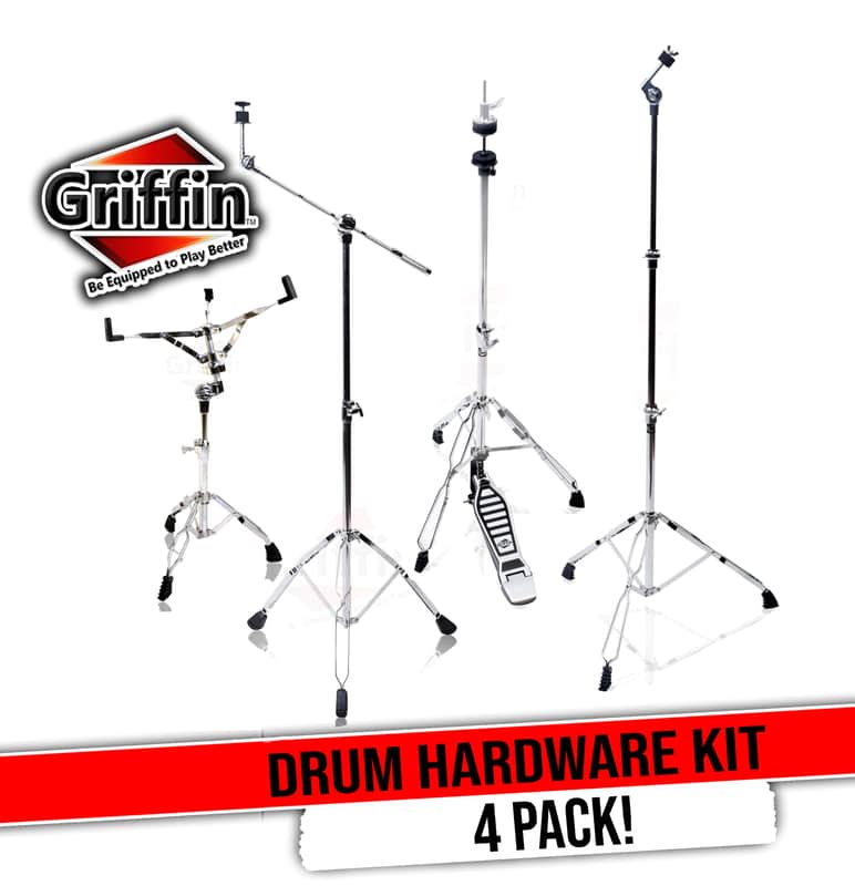 GRIFFIN 4 Piece Drum Hardware Pack (Percussion TiltPro X Edition) – Cymbal Boom & Straight Stand, Hi-Hat Pedal & Snare Mount – Lightweight Set for Gigs image 1