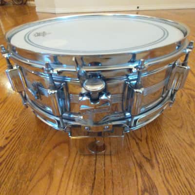 Rogers Vintage Dynasonic chrome over brass snare drum 1970s with snare rail - excellent image 8