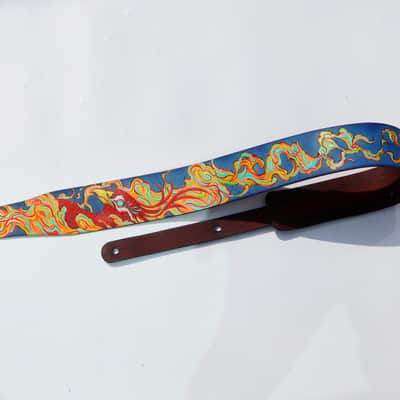 Burny Black handmade guitar strap leather - phoenix red/blue made to order - oil image 11