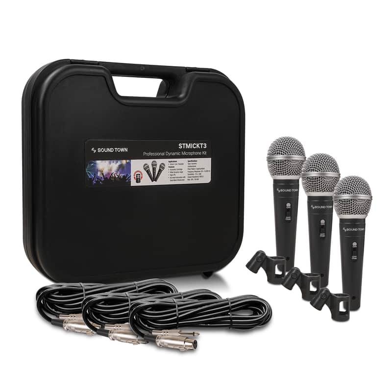 STMICKT3 | 3-piece Professional Handheld Dynamic Microphone Kit with Carry Case, Mic Clips, 26ft XLR to 1/4" Audio Cables image 1