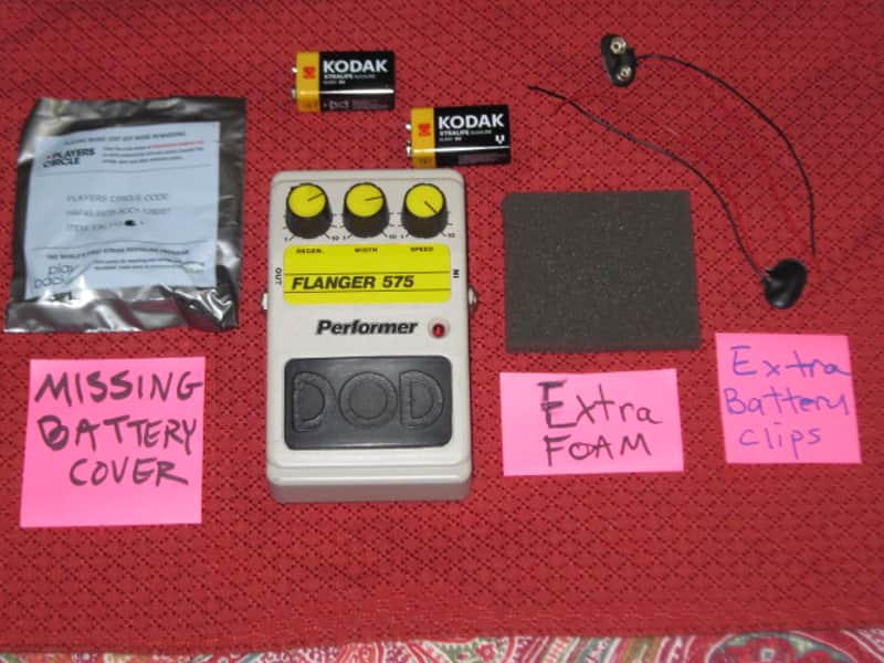 used vintage (1981) DOD 575 Flanger (ANALOG Flanger) Performer Series, MISSING battery cover (tannish gray casing with yellow graphic / yellow knob tops) + battery, strings, extra battery clips, & extra foam (NO box, NO paperwork, NO adaptor) image 1