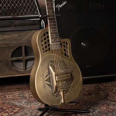 National Style 1 Baritone Tricone Resonator, Slimline Pickup - Antique Brass with Hardshell Case image 13