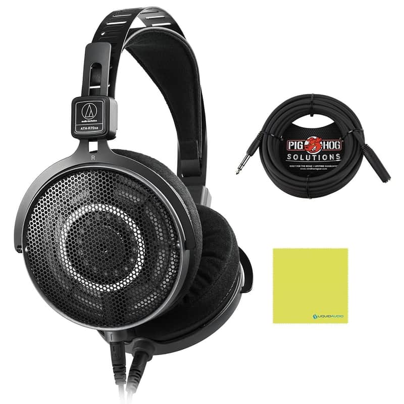 Audio-Technica ATH-R70xa Professional Open-Back Reference Headphones Bundle with 25ft Pig Hog Headphone Extension Cable (1/4") & Polishing Cloth – Studio Monitoring, Mixing & Critical Listening image 1