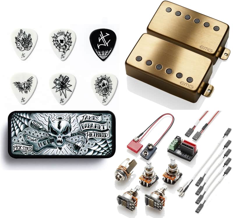 EMG F JH SET JAMES HETFIELD BRUSHED GOLD 52mm FLOYD SPACED 10mm SHORT SHAFT POT & WIRING ( 6 MIX PICKS & TIN ) image 1