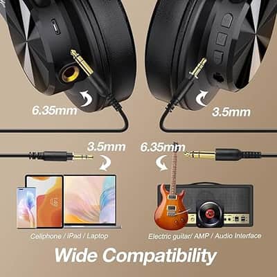 A70 Bluetooth Over Ear Headphones, Wireless Headphones w/ 72H Playtime, Hi-Res, 3.5mm/6.35mm Wired Audio Jack for Studio Monitor & Mixing DJ Guitar AMP, Computer Laptop PC Tablet - Black image 3