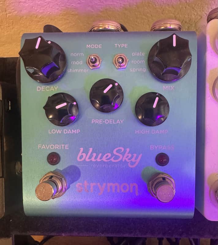 Blue Sky Strymon guitar effects pedal, bright blue, knobs and switches visible.