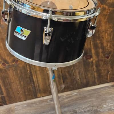 Vintage Late 1970s Ludwig Black Cortex Concert Toms 6.5x10 & 8x12 w/ Ludwig Double Tom Stand Blue & Olive Badges image 6