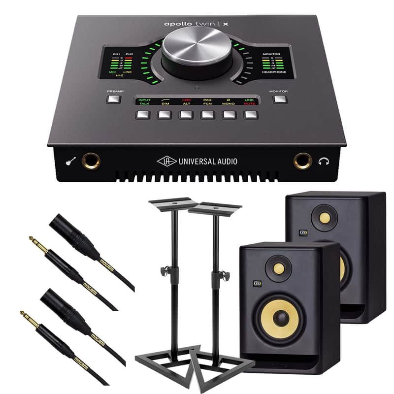 Universal Audio Apollo Twin X QUAD Heritage Edition, (2) KRK RP5G4 Monitors, Monitor Stands, (2) Mogami XLR to 1/4 Bundle image 1