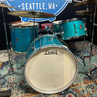 Premier 4-Piece Drum Set, 22", 16", 12" and 14x5.5" Matching Snare Drum, Hardware and Cases, All Original!! 1966 - Aquamarine Sparkle image 22