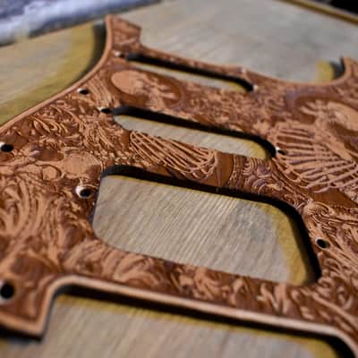 Wood Pickguard for Stratocaster HSS and SSS Laser engraved Real Cherrywood with Unique Artwork "Stumble" image 7