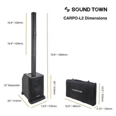 CARPO-L2SWM01 | Portable PA/DJ System w/ 12" Powered Subwoofer, 8 x 3" Column Speaker and Two UHF Wireless Microphones image 8