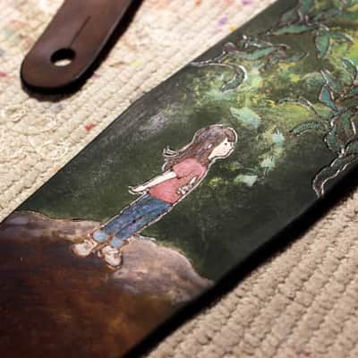 Burny Black Wide Guitar Strap 3.5" - dreaming girl green/brown made to order - oil image 8